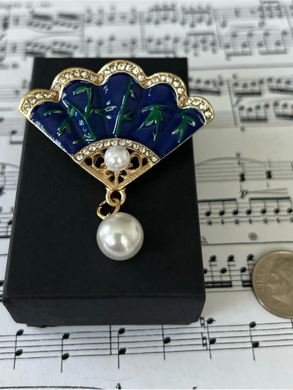 Blue Enamel Fan Brooch with Pearl Drop
